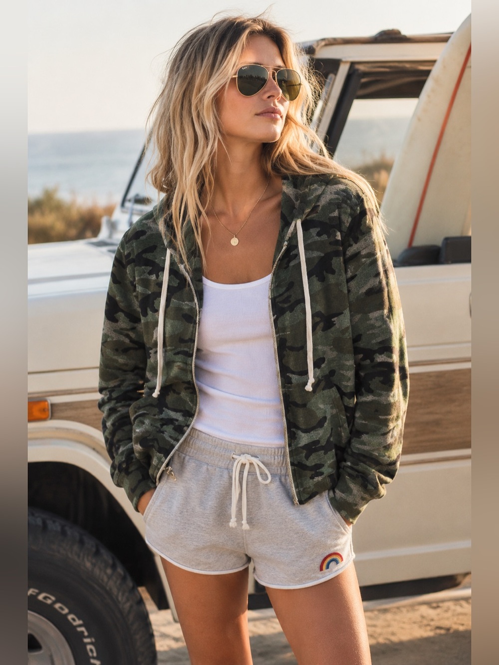 SUNDRY Camo Full Zip Hooded Sweatshirt Jacket Size Medium